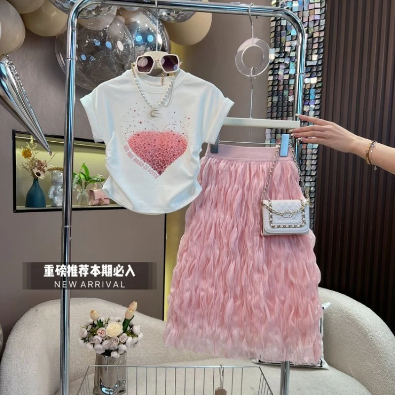 Girl's Heart-Shaped Rhinestone AppliquéTShirt and bubble gauze cake skirt two-piece set