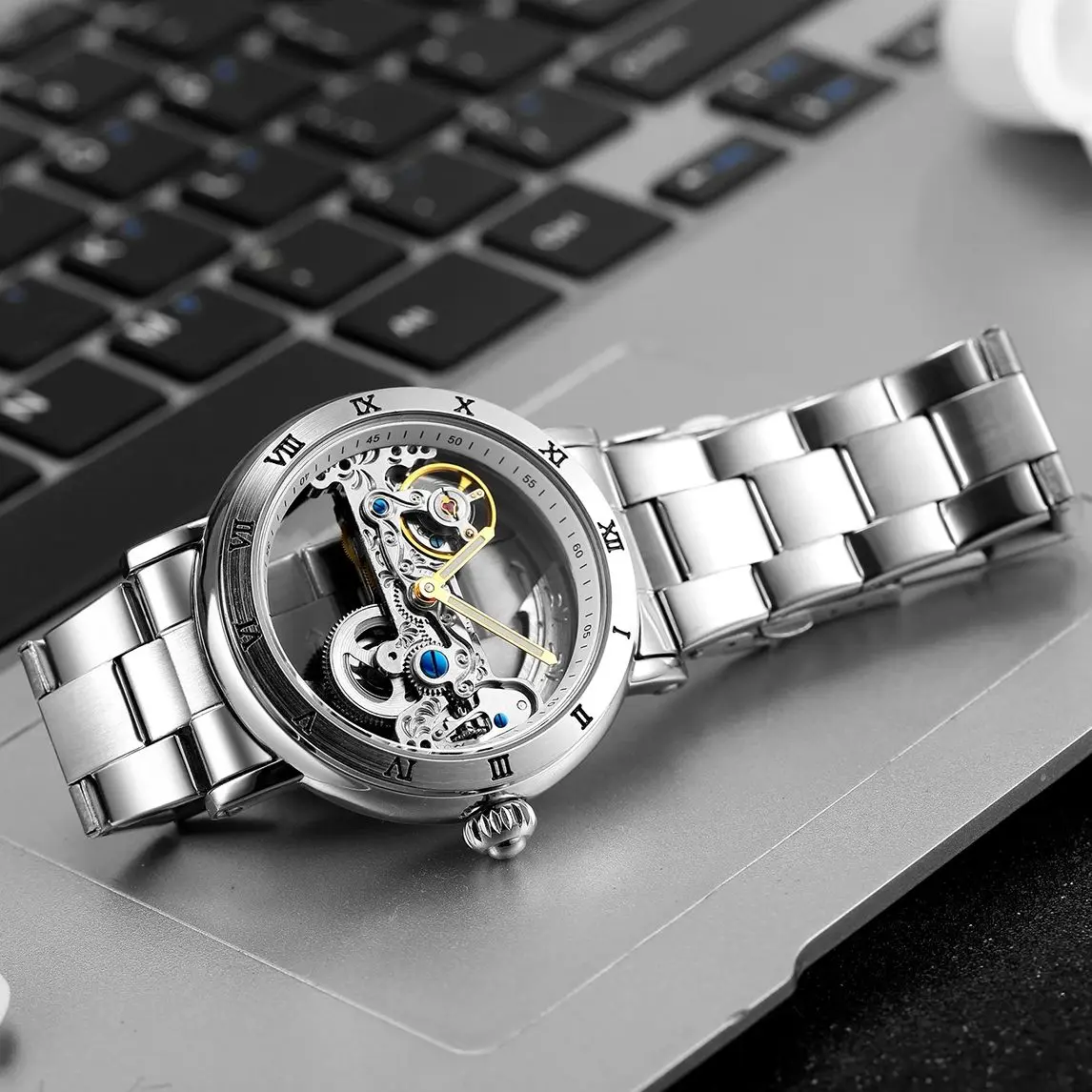 Forsining Retro Mens Mechanical Watches Golden Bridge Skeleton Automatic Watch for Men Leather Steel Strap Classic Wristwatches