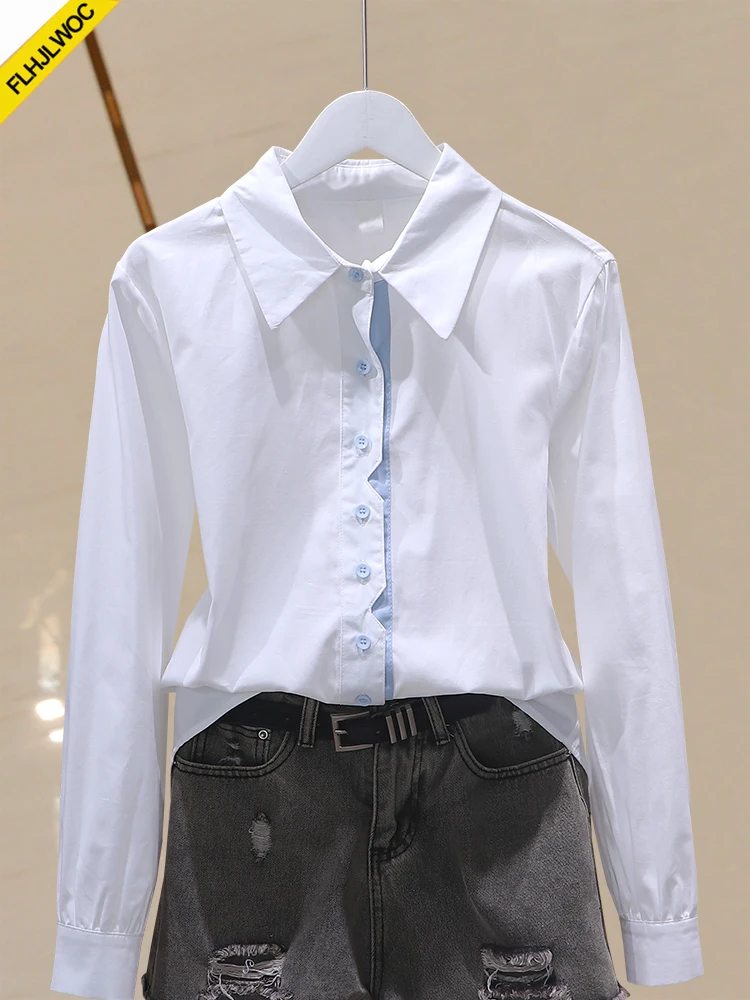 Couleurs contrastées couverture en coton Blouses Chic corée bureau dame femme bases à manches longues bleu bouton rétro Vintage chemises