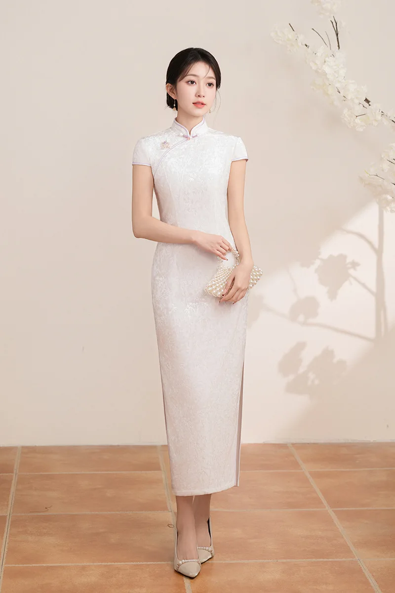 

Elegant Jacquard Satin Cheongsam Chinese Classic Short Sleeve Women's Qipao Wedding Evening Party Dress