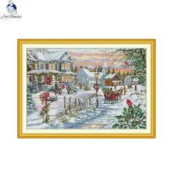 Joy Sunday Landscapes Cross Stitch Kit Snowy Christmas Eve Printed DIY Embroidery Handicraft Gift Home Decorate Needlework