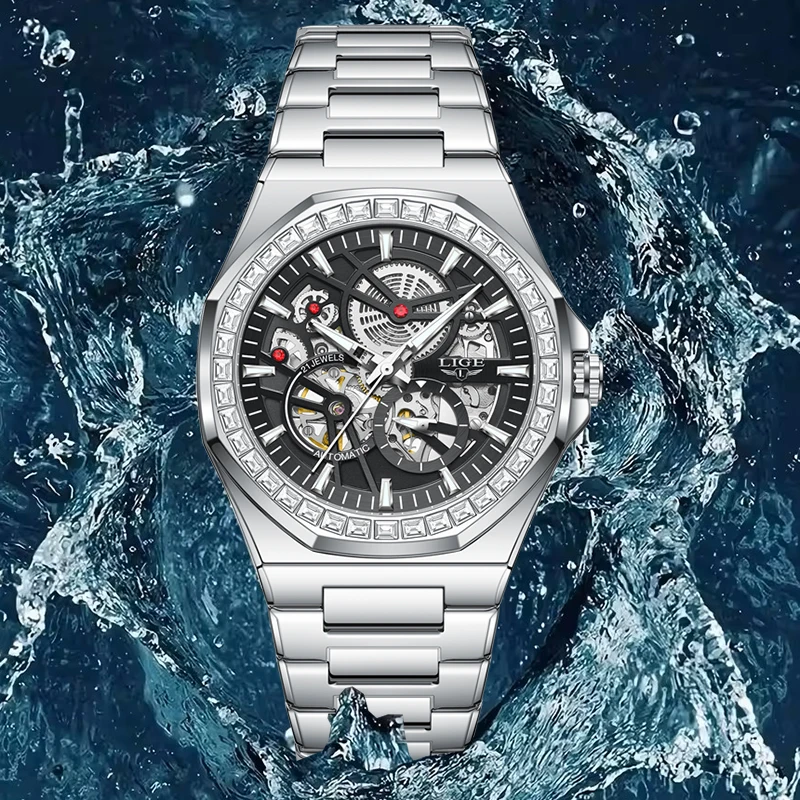 

LIGE New Business Watch Men Fashion Hollow Skeleton Men's Mechanical Wristwatches Waterproof Luminous Automatic Watch For Men