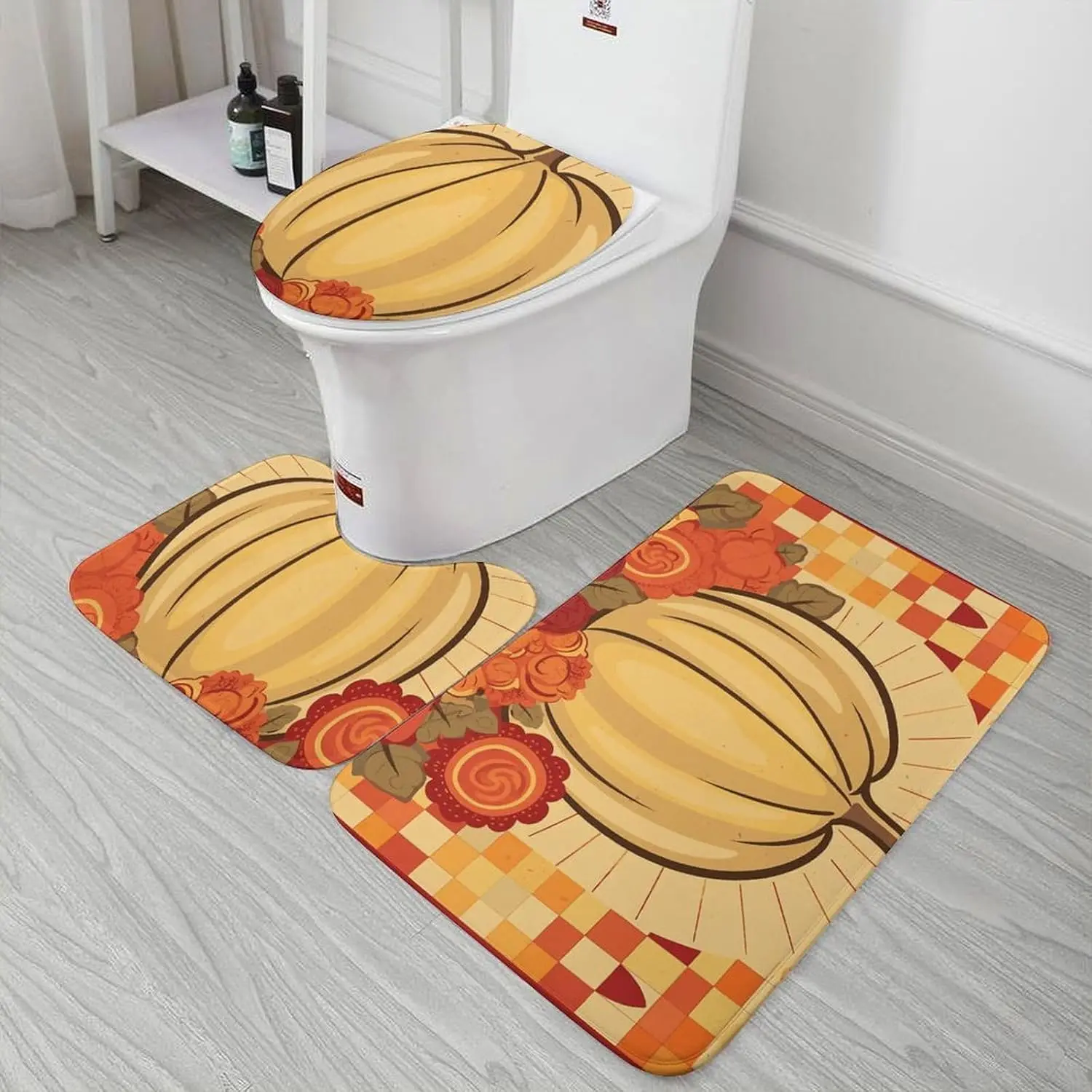 3 Piece Bath Rug Set Non Slip Absorbent Bath Mat Contour Mat with Toilet Lid Cover Pumpkin Classical Pattern Soft Floor Mats for
