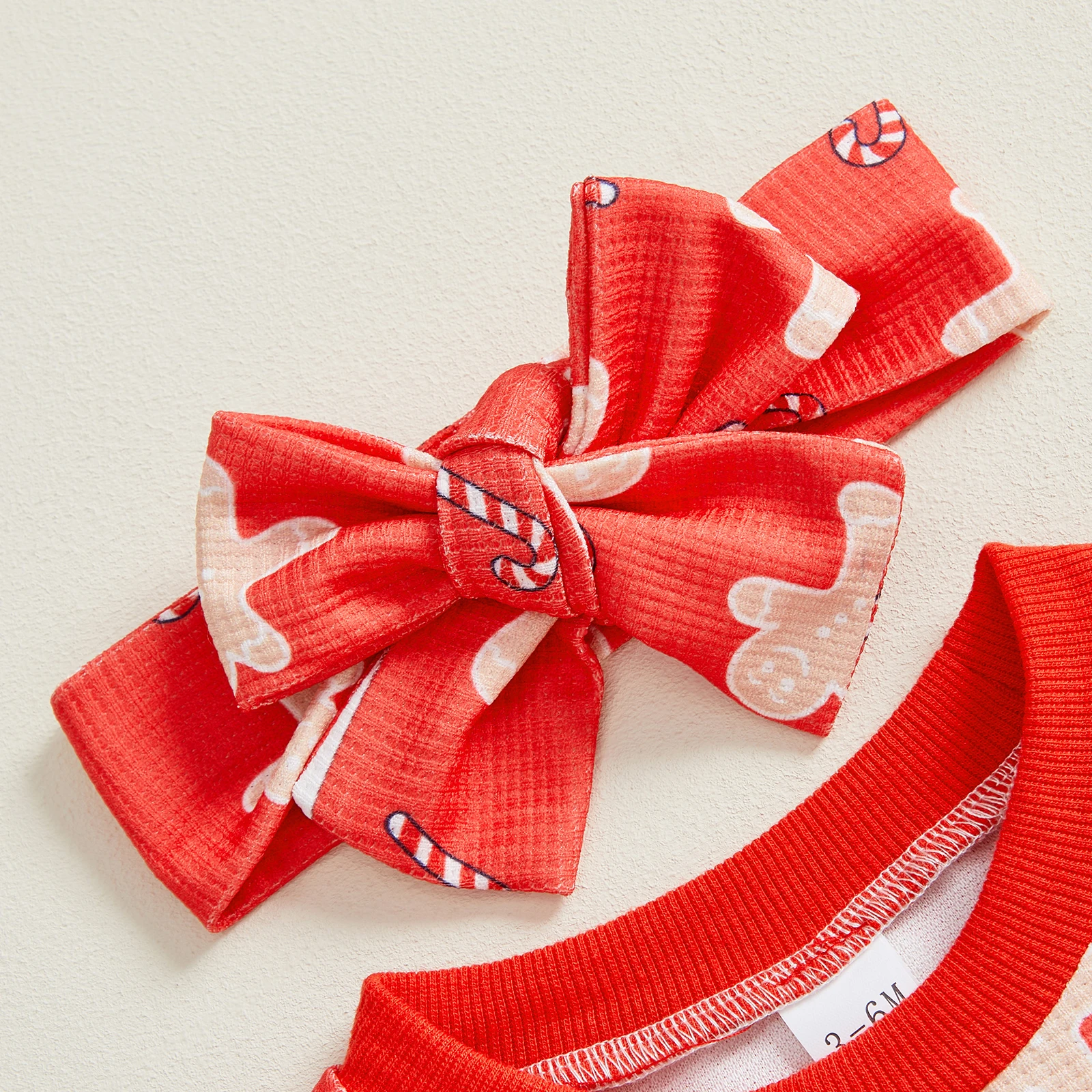 

Infant Baby Christmas Bubble Romper Candy Cane Print Ruffled Long Sleeve Round Neck Jumpsuit wth Bow Headband