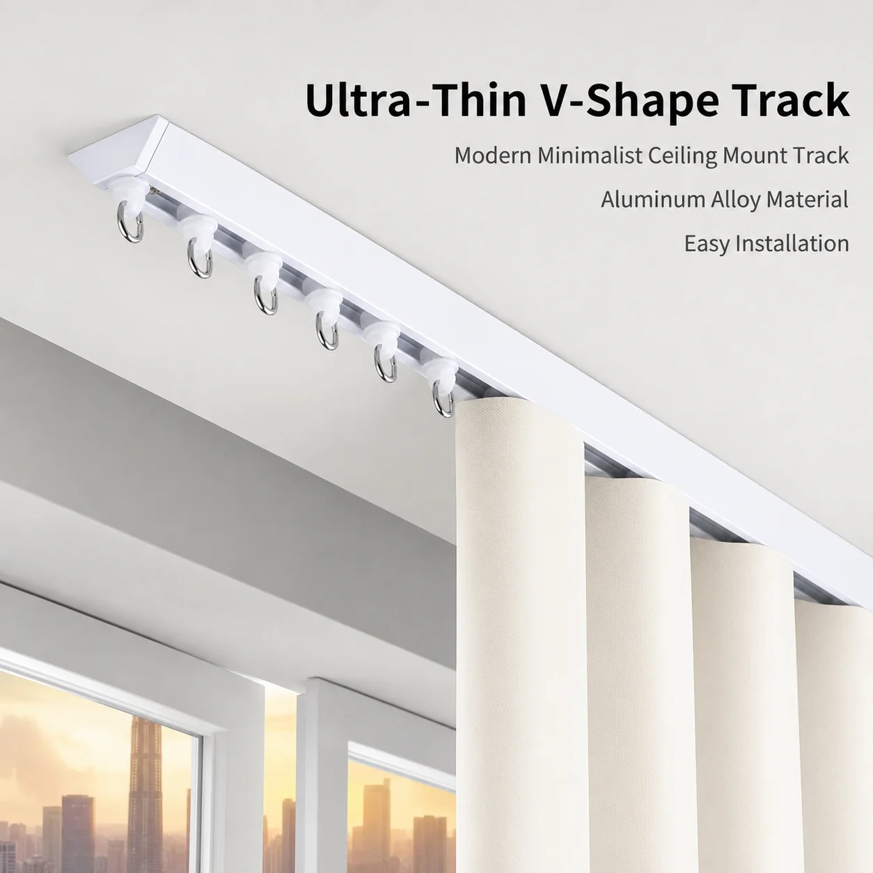 V-Shaped Ultra Thin Invisible Curtain Track Set Heavy Duty Ceiling Mount Aluminum Alloy Curtain Rail  for Living Room Bedroom Ba