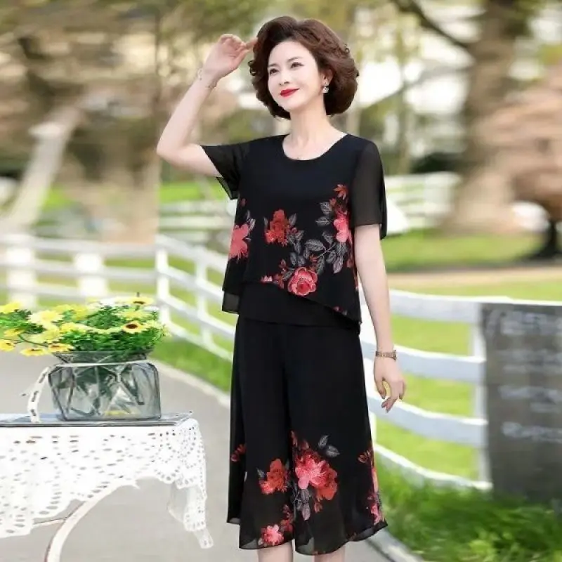 

Women suit Summer Fashion Fashionable Printing Chiffon Short Sleeve Shirts Ladies Casual Appear Thin High Waist Cropped Pants