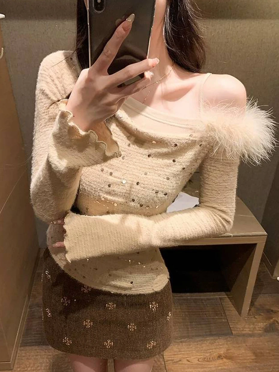 

Shantou Sequin Base Layer Knitted Shirt Women's Autumn Winter Fur Inner Wear Shoulder Bared Slim Fit Side Shoulder Top