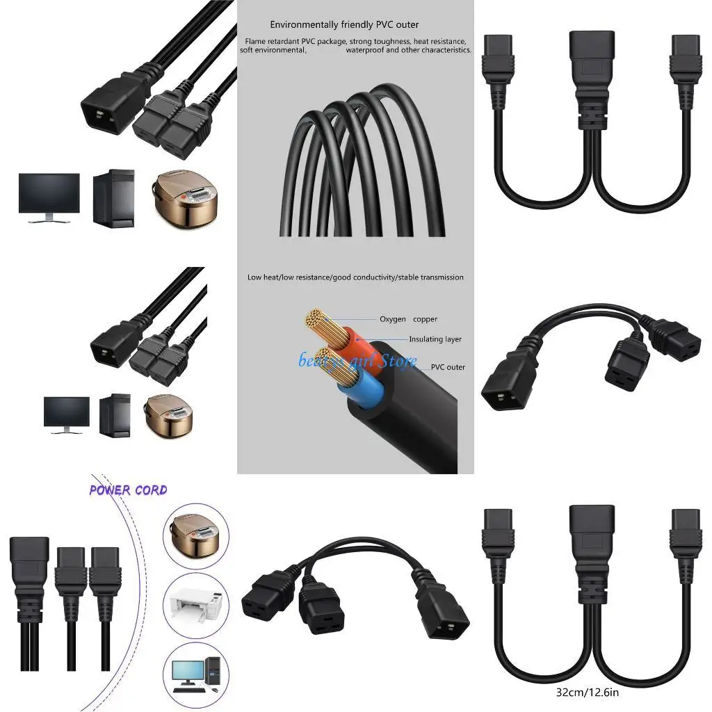 

C7AB Power Adapter Splitter Cable Plug Converter 16A Male to Female C20 to 2xC19 Cord