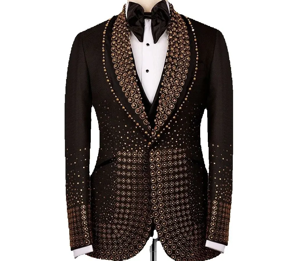 

Gold Crystals Beaded Suits Men Slim Fit Single Breasted Prom Blazers Formal Party Wedding Groom Tuxedos Male Fashion Party Dress