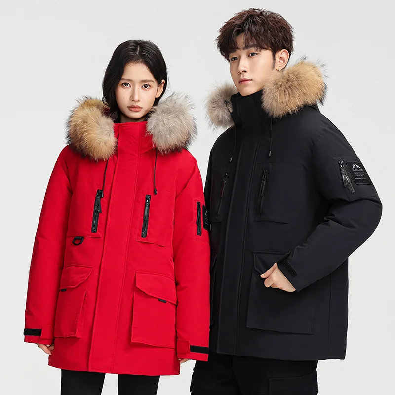 Męska i damska zimowa ciepła kurtka puchowa z kapturem i futrzanym kołnierzem, styl górski outdoorowy, pogrubiona sportowa parka codzienna.