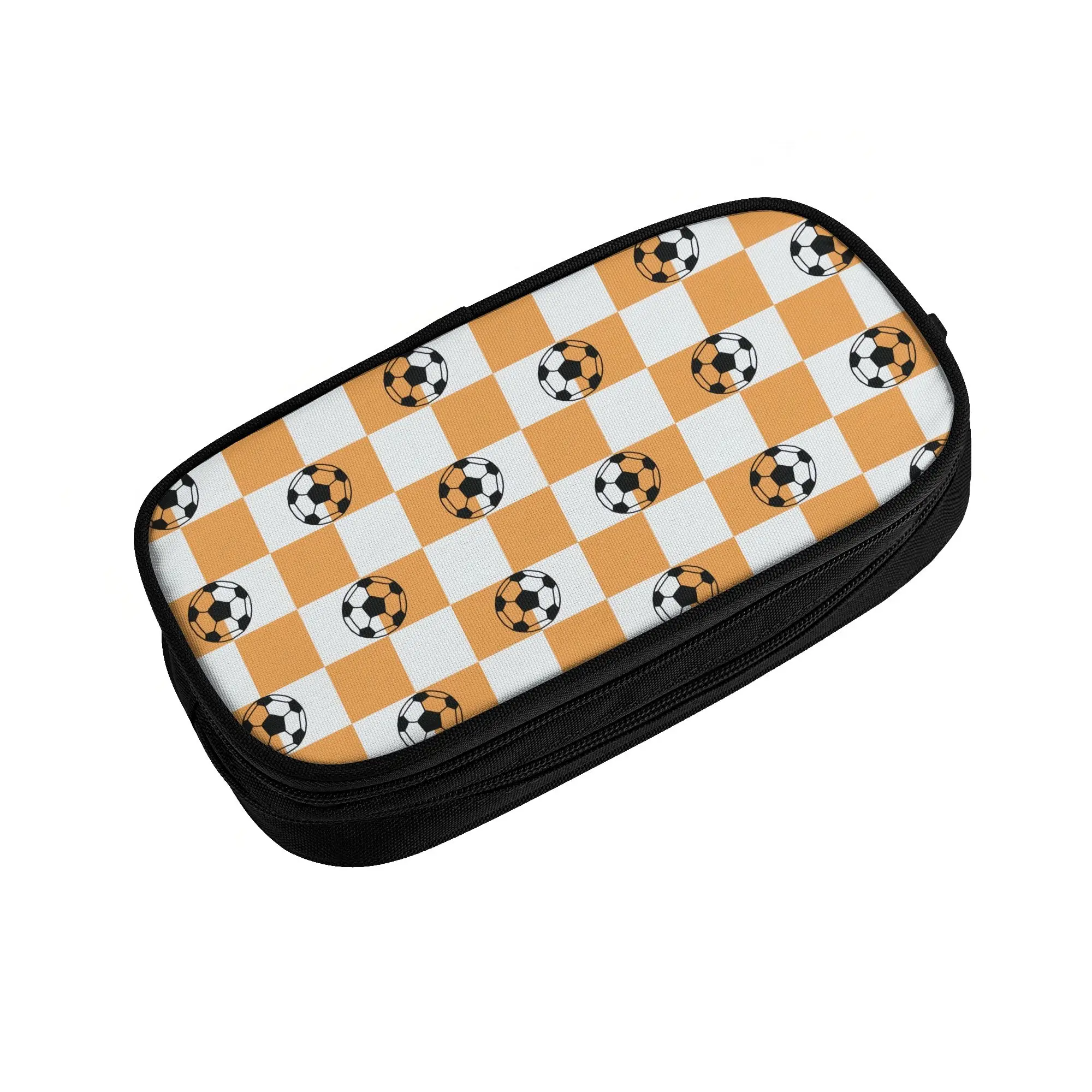 Kawaii Bright Orange Checks Soccer Balls  Pencil Cases for Boys Girls Big Capacity Footbally  Pencil Pouch School Supplies