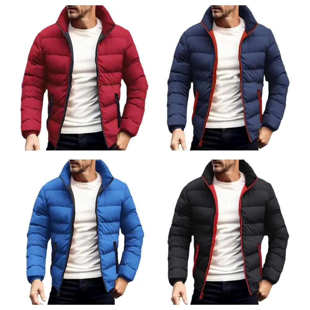 Men Coat Stand Collar Long Sleeve Full Zipper Closure Quilted Jacket Thickened Loose Fit Puffer Coat