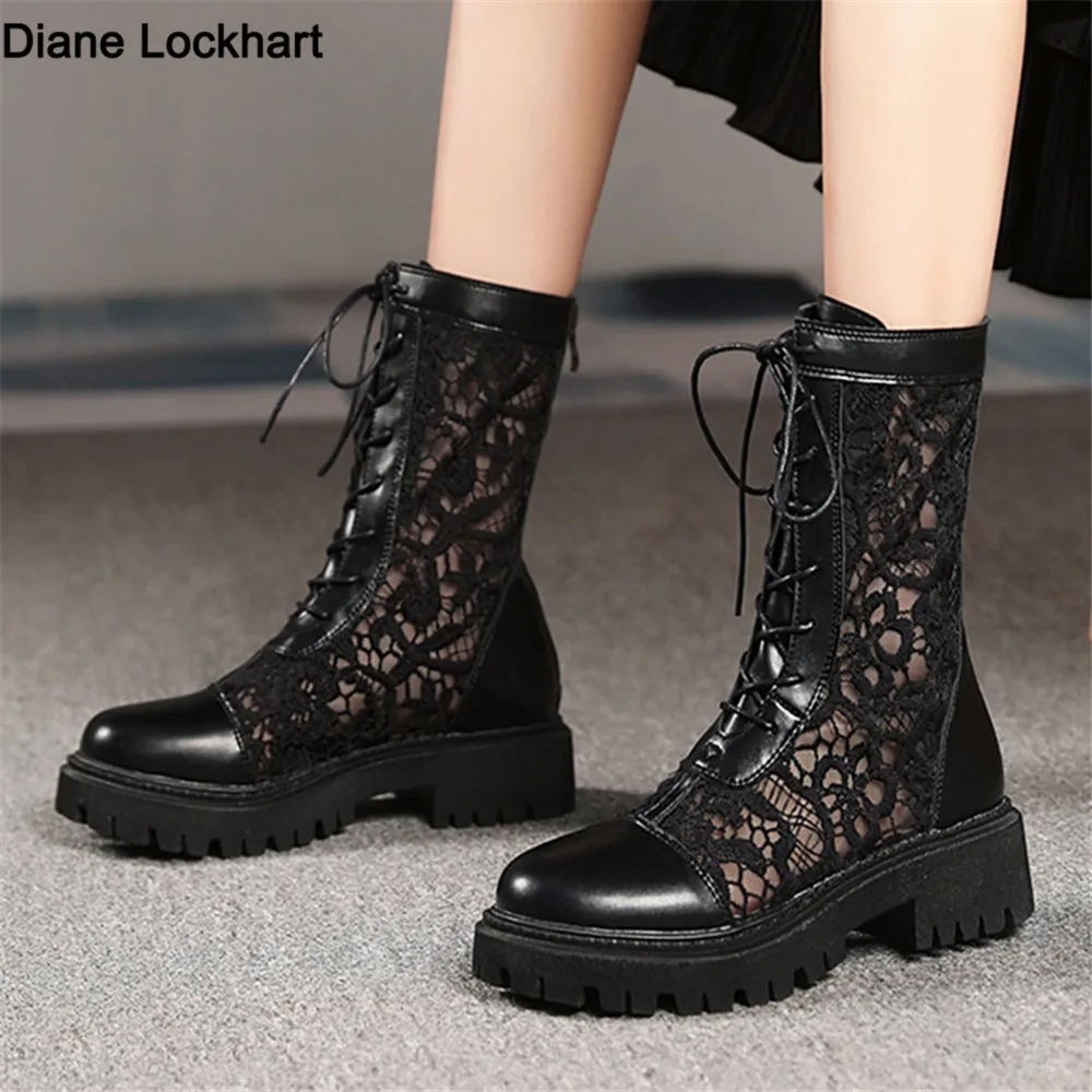 

2025 New Women Boot Breathable Lace Mesh Lace Up Punk Gothic Ankle Boots Platform Shoes Women Summer Boots Ladies Size 35-45