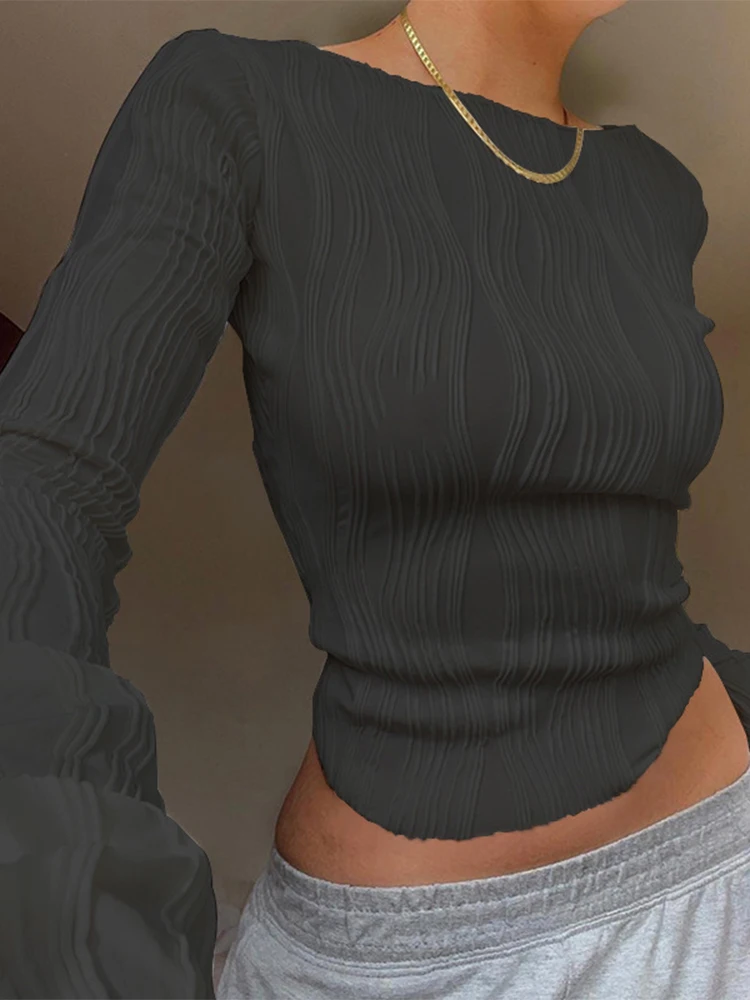 Frau Mode Lässig Geraffte Langarm T-shirt Blusen Weibliche Weiße Dünne Abgeschnitten Bodenbildung Shirt 2024 Herbst Y2K Top Kleidung