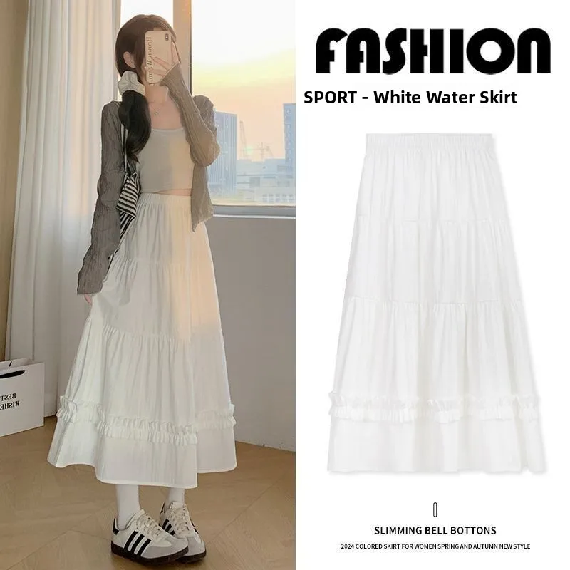 Weißer A-Linien-Midirock, süßer, flauschiger Damenrock, Kuchenrock, hohe Taille, Bounce Ba, schlankmachender, plissierter Regenschirmrock