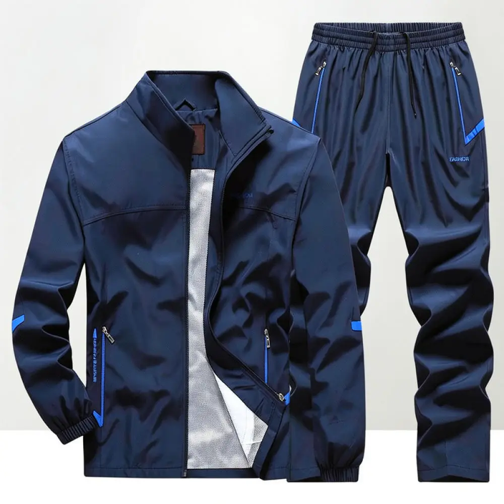 Spring Fall Mens Tracksuit Stand Collar Jacket Long Trousers Casual Sportswear Fitness Training Outdoor Active Clothing