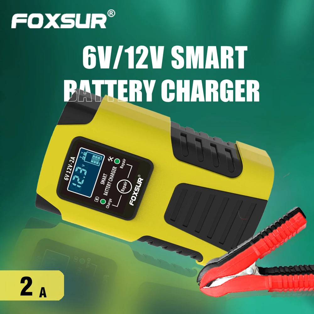 

FOXSUR 12V 6V 2A Pulse Repair Charger with LCD Display, Motorcycle & Car Battery Charger, AGM Deep cycle GEL Lead-Acid Charger