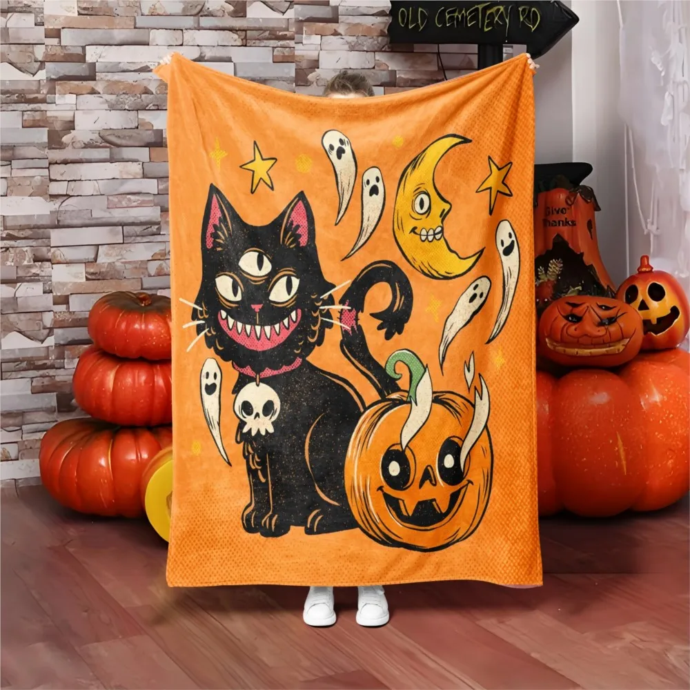 1PC Halloween Throw New design Black cat Ghost Pumpkin Blanket All Saints Day Gifts for Couch Bed Car Camping all season use