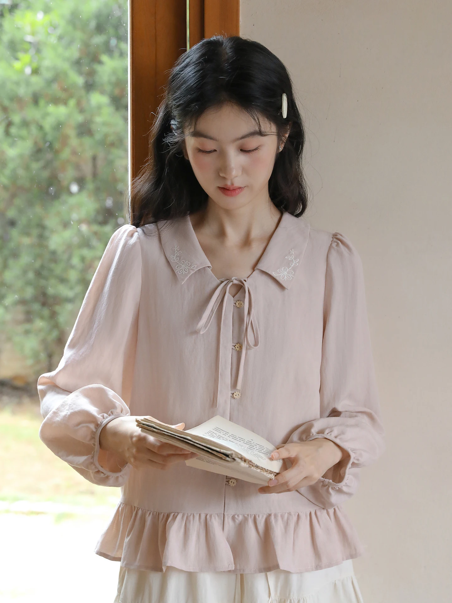 

Женская рубашка Nesoulum Long Sve с вышивкой, свободного кроя, весенняя, винтажная, с бантом и кружевным подолом, дышащая