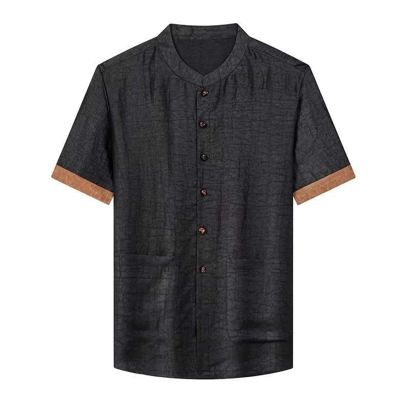 Real Silk 100% Collarless Shirts For Men Short Sleeved Luxurious Summer Quality Skin-Friendly Pocket Easy Care Camisas De Hombre