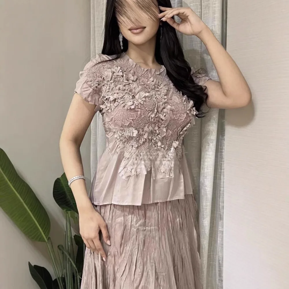 Miyake Pleated Set 2025 Summer New Embossed Top + Long Half Skirt Solid Color 2 Piece Set