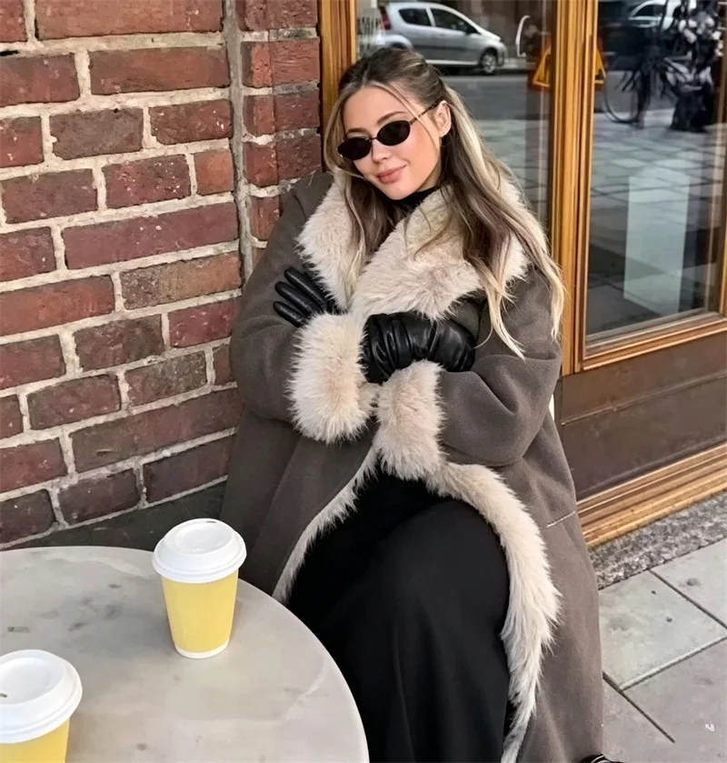 Guobioziy Women's Coat 2026 Winter New Arrival Fashionable Reversible Faux Fur Collar Double-Breasted Warm Long Coat