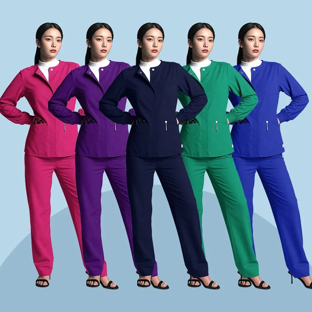 long-sleeves-dentist-workwear-medical-nurse-accessories-solid-color-scrubs-tops-straight-pants-scrub-set-clinical-doctor-uniform