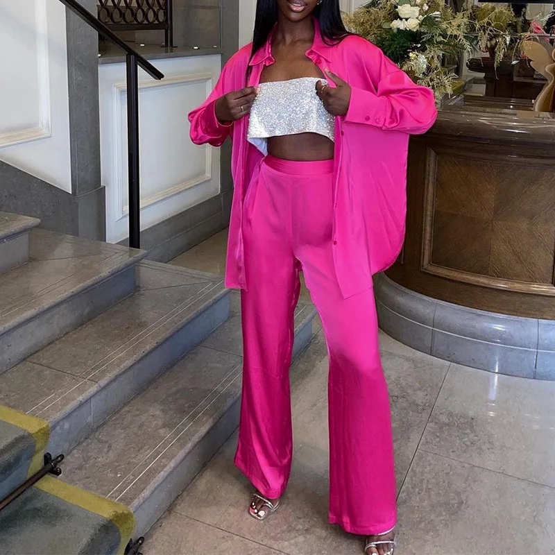 طقم سراويل نسائية واسعة الساق من الساتان ، أكمام مكشوفة الكتفين ، ملابس غير رسمية ، ملابس فضفاضة ، جديد ، الربيع ، 2 ،