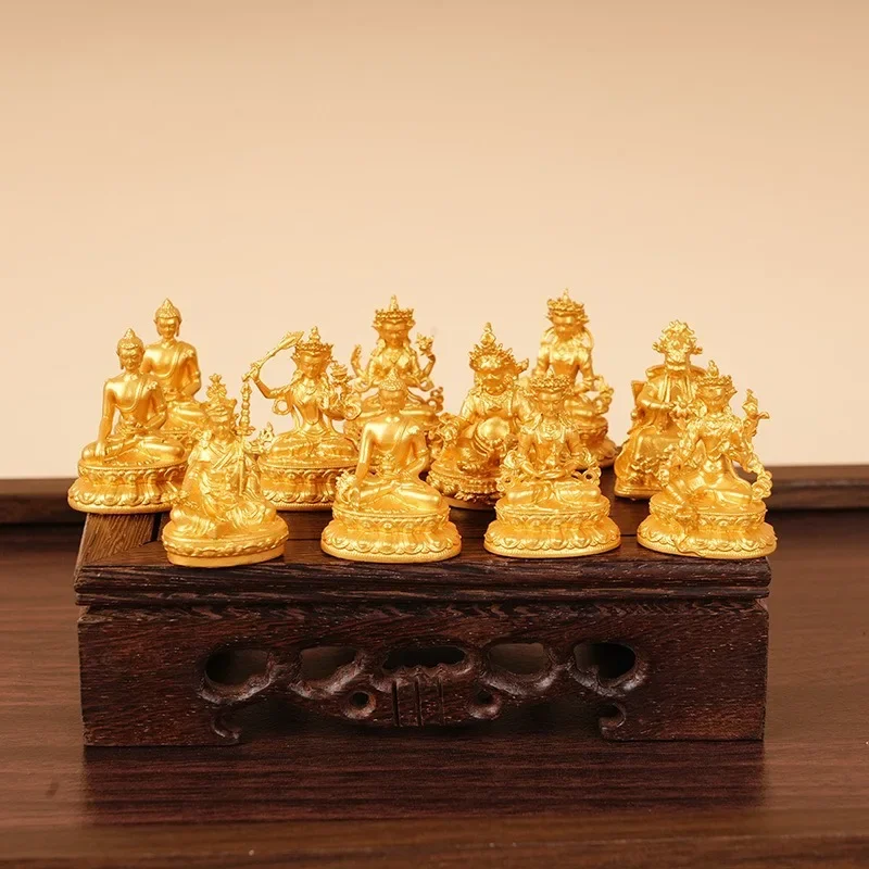 HYS Golden Mini Portable Buddha Statue 3cm Ornament Yellow God of Wealth Manjushri Four Arms Exquisite Guanyin