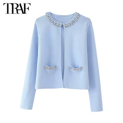 TRAF Rhinestone Open Cardigan Women Summer Knitted Cardigan Women Long Sleeve Cropped Cardigans Woman Streetwear Outerwear Women