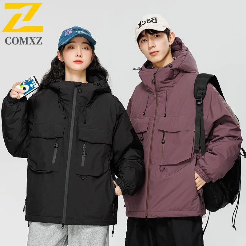 

COMXZ Men's Down Jacket Multi-Pocket Waterproof Outdoor Climbing Tooling Hooded Travel Padding Coat Street Windproof Parker Coat