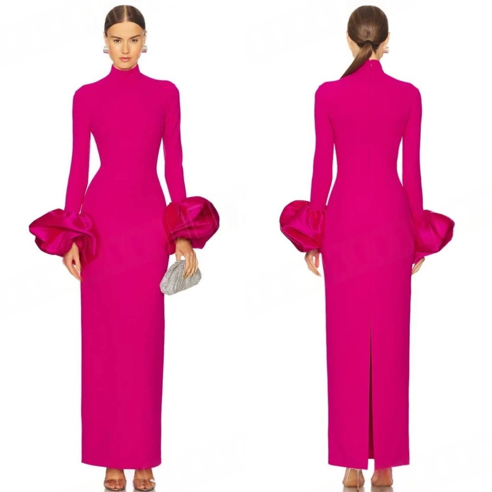 

Customized Simple Pink Jersey Evening Dress Classic O-Neck Long Sleeves Celebrity Gowns Fashion Straight Zipper Back Prom Dress