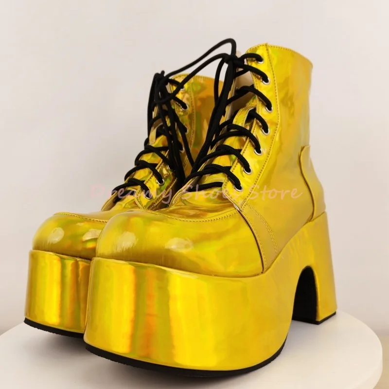 

Shiny Red Lace Up Punk Wedges Ankle Boots Women Cross-Tied Platform Chunky Heel Short Boots Fashion Sexy Leather Party Shoes