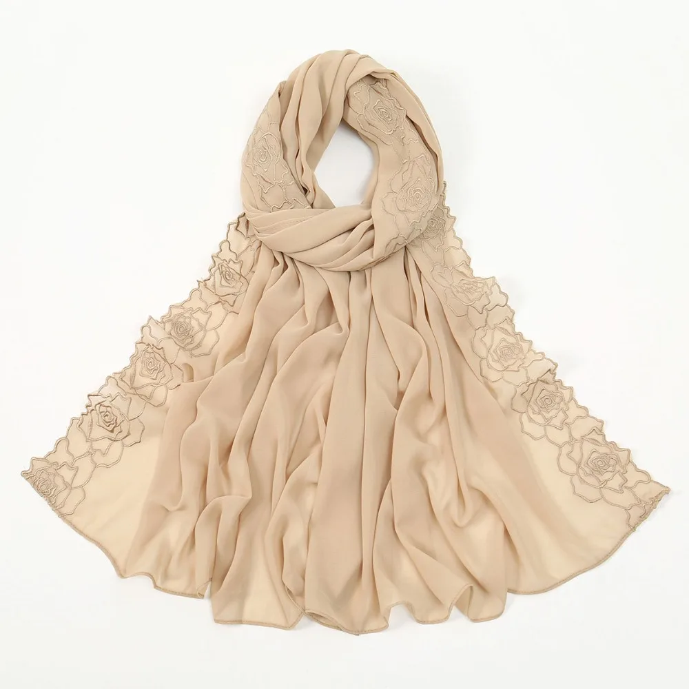 

Универсальный элегантный головной платок, шифоновый дышащий шарф-хиджаб, длинная шаль с вышивкой розы для женщин