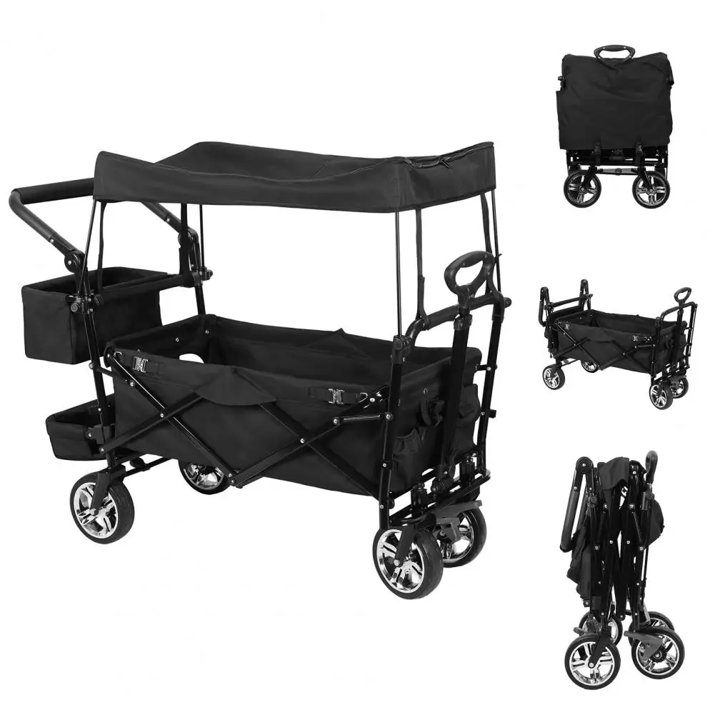 

Collapsible Garden Cart with with Canopy, Adjustable Push Pulling Handle, Heavy Duty Outdoor Utility Wagon