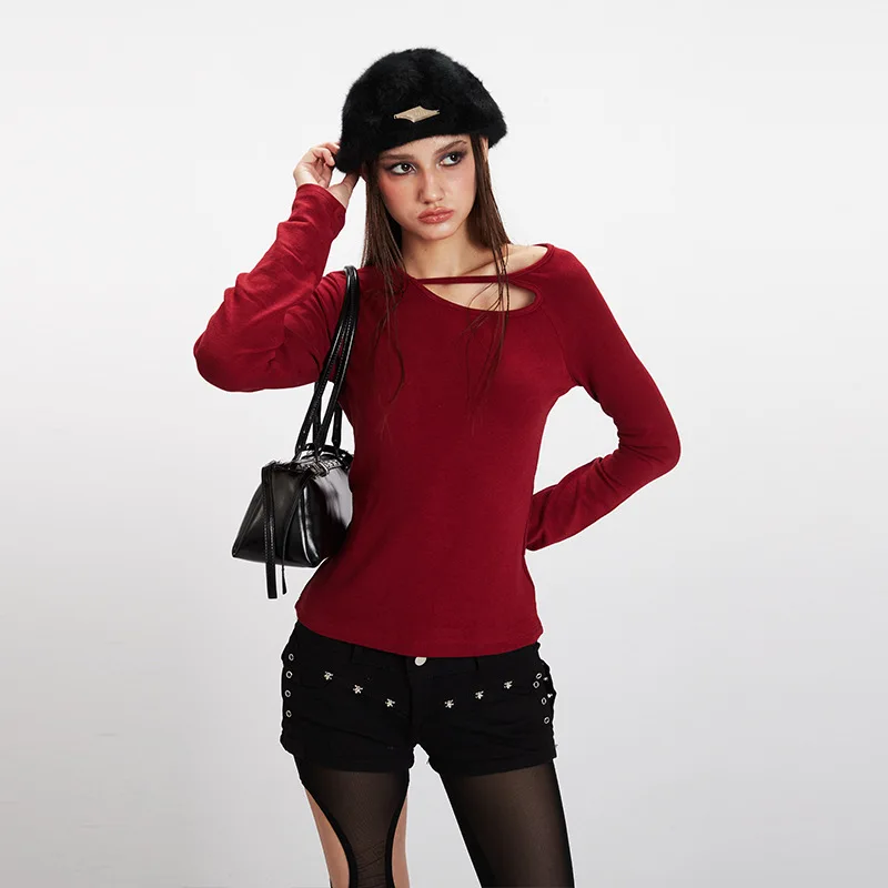 High Quality Hot Selling Wholesale Autumn Hollow Out Long Sleeved T-shirt Christmas Slim Fit Inner Layer Bottom Shirt Top Women