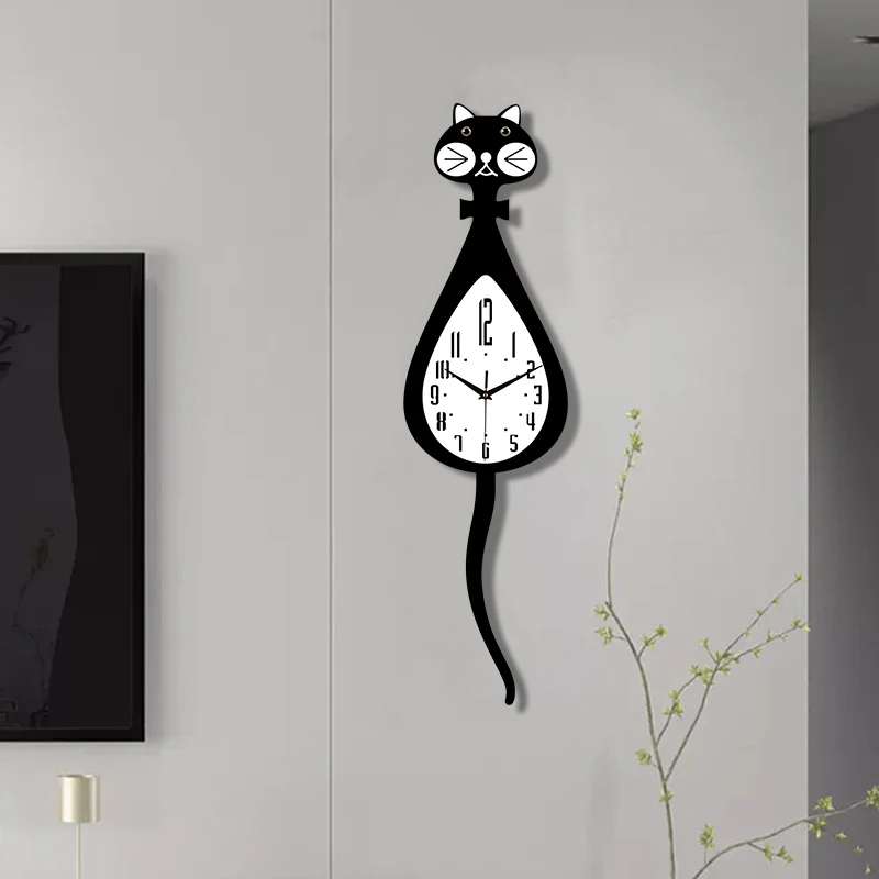 ساعة حائط على شكل قطة كرتونية ممتعة مع وظيفة أرجوحة ذيل، ساعة هادئة مناسبة لغرفة المعيشة وغرفة النوم والديكور المنزلي #5