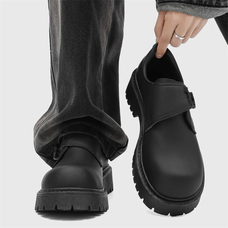 2026 Mens British Retro Wide Round-Toe Derby Shoes Chunky Platform Casual Leather Boots Trendy Streetwear Footwear for Wide Feet