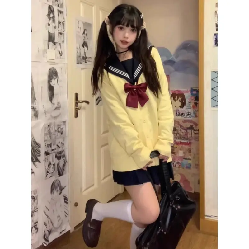 Yellow Knitted Cardigan Coat Women\'s Autumn/Winter Knitted Sweater Anime Yellow Coat Long Sleeve Sweater V-neck Cardigan