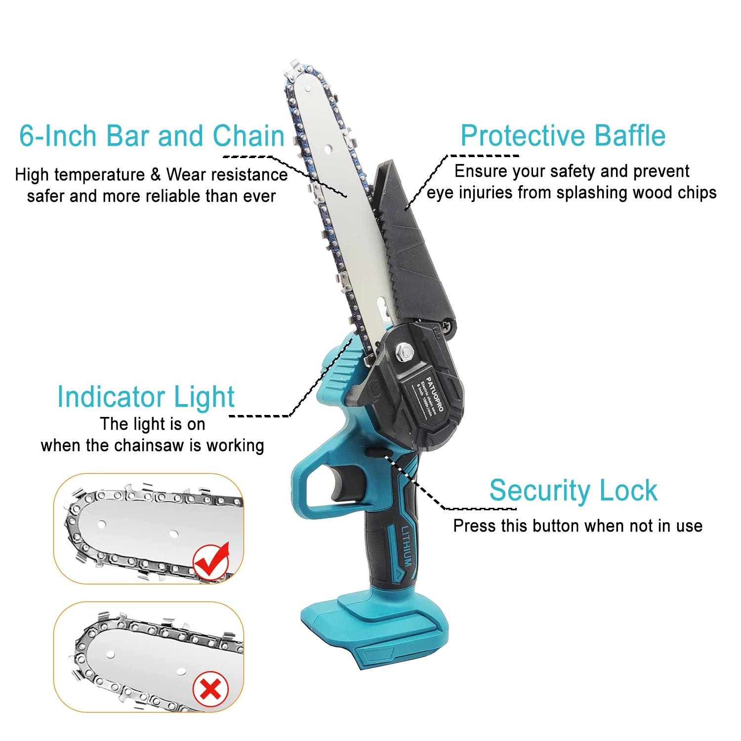 Mini Chainsaw 6 Inch Cordless Handheld Chain Saw for Wood Cutting Tree Trimming fit Makita 18v Battery (without Battery)