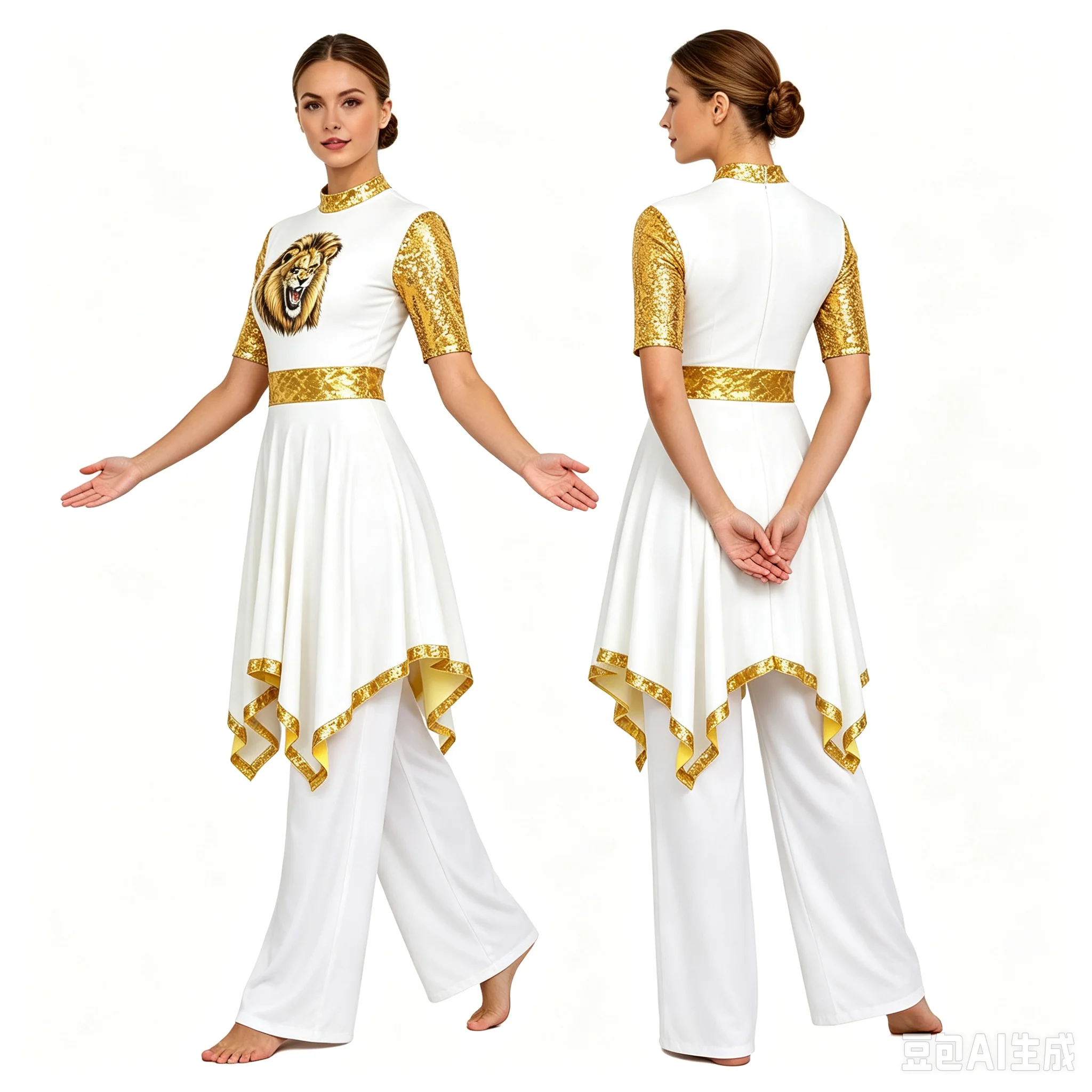 女性用、賛美歌ダンス用ドレス、メタリックパッチワーク、ジッパー付き、ライオン柄、礼拝用、教会合唱団用、モダン・リリカルダンスウェア。