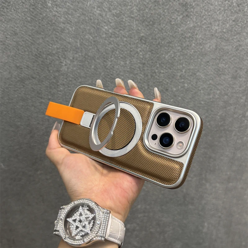

Luxury Metal KickStand MagSafe Phone Case For iPhone 16 16pro max 14 15 Pro 13 Electroplated Wireless Charging Shockproof Cover