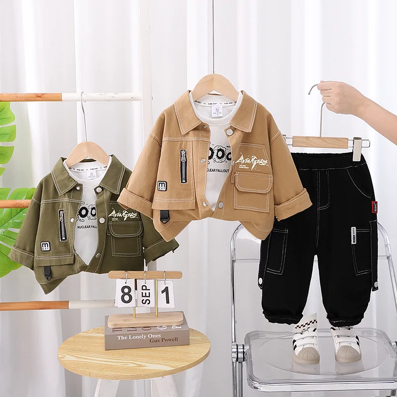 

2025 Spring Autumn Baby Boy Clothes 12 18 Months Casual Pocket Jackets + T-shirts + Pants Kids Boys First Birthday Outfit Set