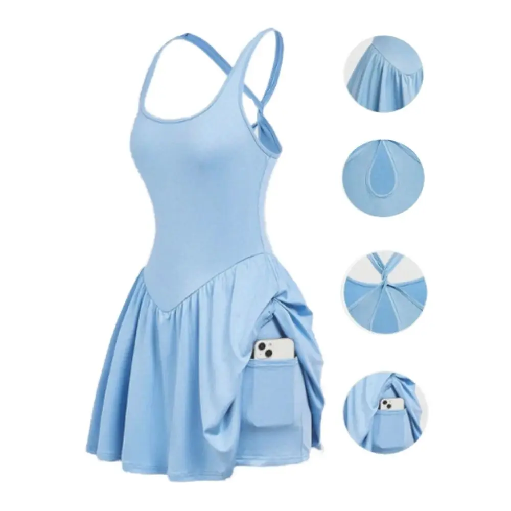 Cross Strap Girls Sling A-line Skirt Pleated Sporty Style Teenagers Dress Slim Fit High Waist Sleeveless Short Dress Sports