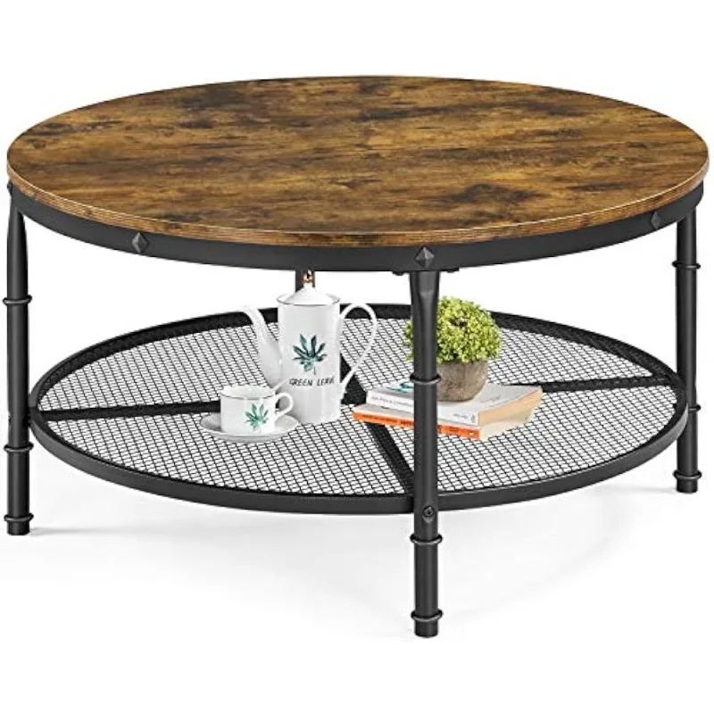 35.5 Inch Round Coffee Table，Wooden 2 Tier Circle Coffee Table for Living Room, Industrial Coffee Table Set for Small