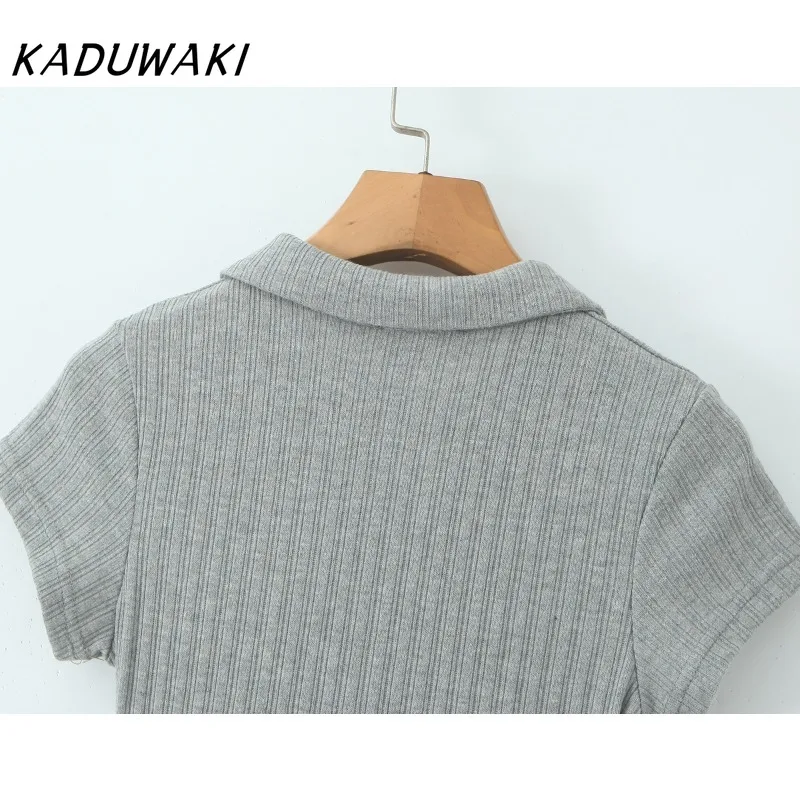 KADUWAKI Summer Ribbed Knit Fashion MIni Dresses Women's Short Sleeve Lapel High Waist Patchwork Commute Autumn Bodycon SunDress