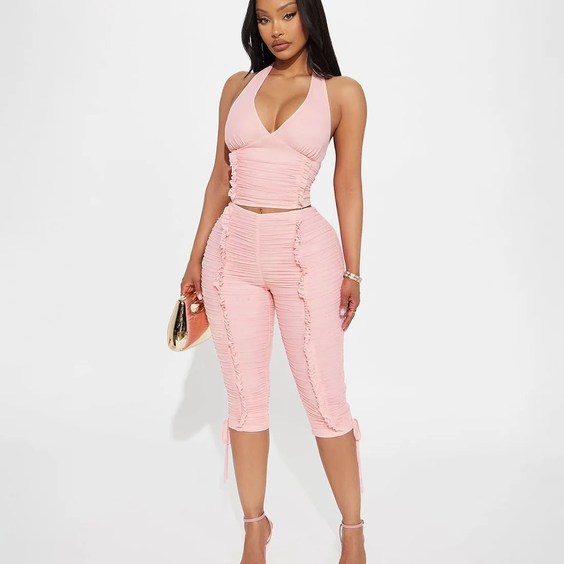 Sexy Hot Girl Pants Sets Women V-neck  Halter Backless Neck Cropped Top+Folds Cropped Pants Two Piece Set Elegant Street Outfits