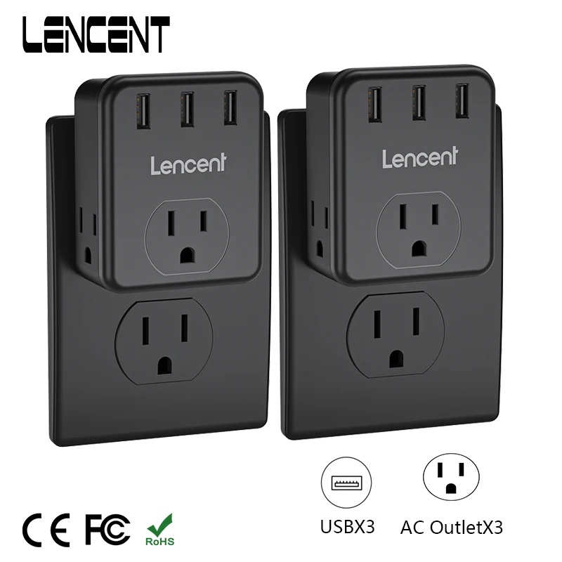 LENCENT 2 PCS US Multi Plug Outlet Extender with 3 Outlets 3 USB Wall Charger 3-Side Widely Spaced Power Adapter for Home Office