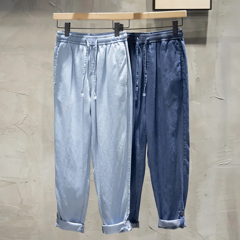 Men's Summer Cotton Linen Lightweight Jeans Pants Korea Style Soft Elastic Waist Denim Trousers Male Baggy Straight Casual Pants