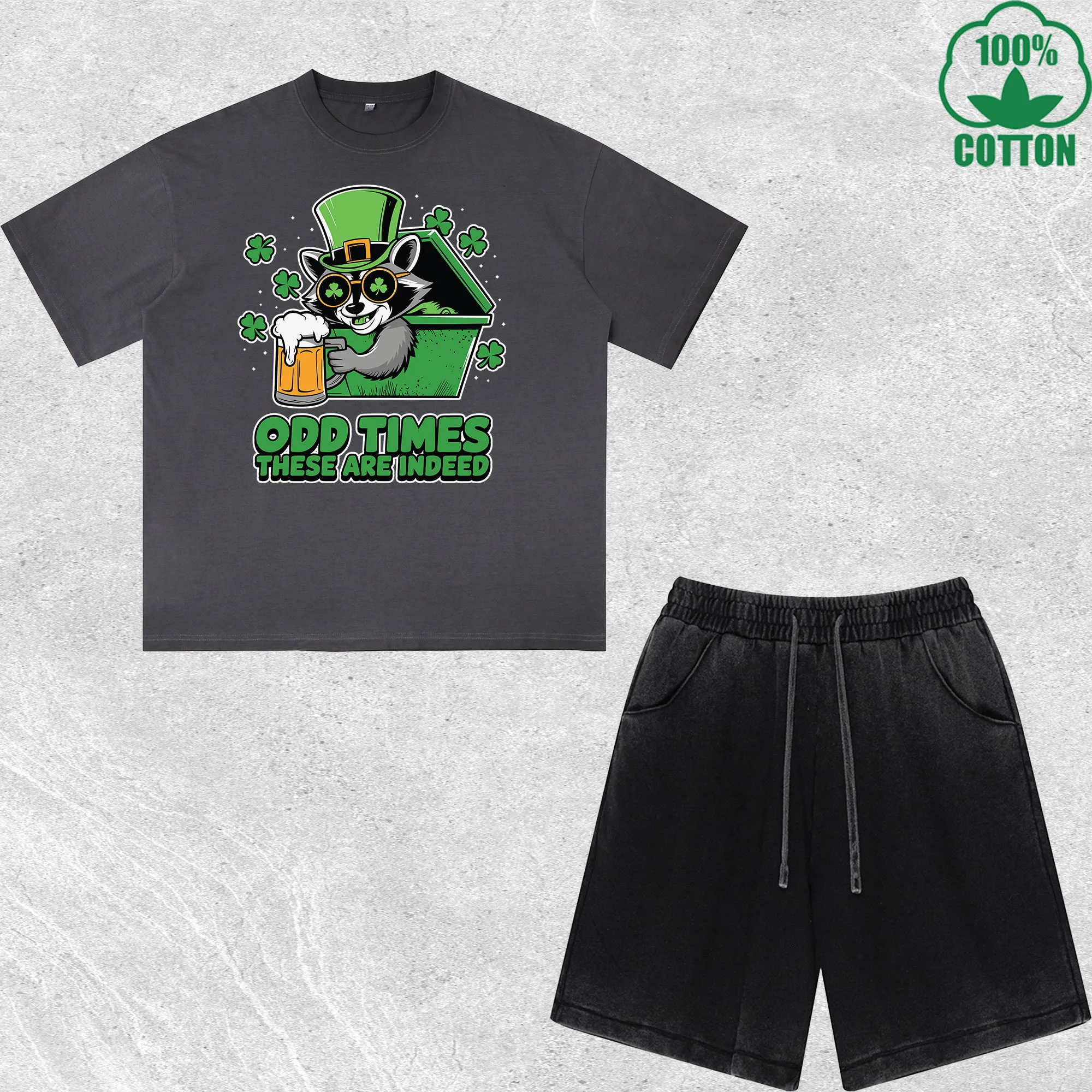 

Irish Raccoon Printed Dirty Wash T-Shirt Shorts Set Multicolor Combo Loose Trendy Fashionable 100%Cotton Short Value Pack